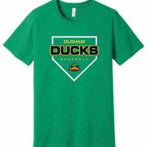 Green t-shirt with Oldham Ducks baseball logo.