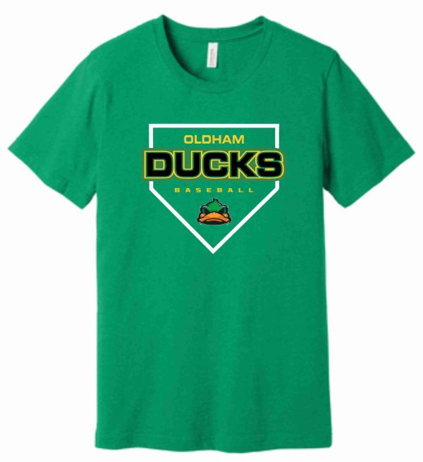 Green t-shirt with Oldham Ducks baseball logo.