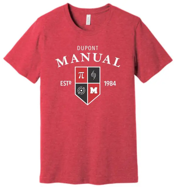 Red t-shirt with DuPont Manual logo.