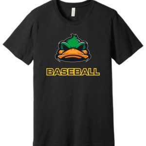 Black t-shirt with a duck mascot and "Baseball"