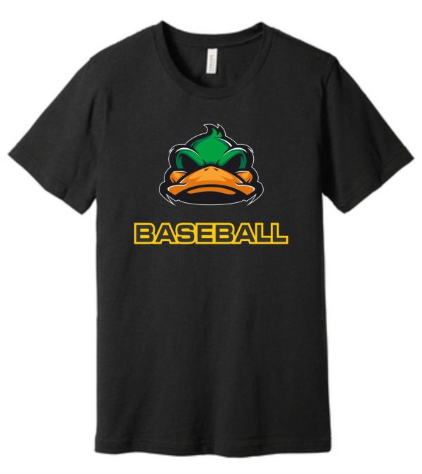 Black t-shirt with a duck mascot and "Baseball"