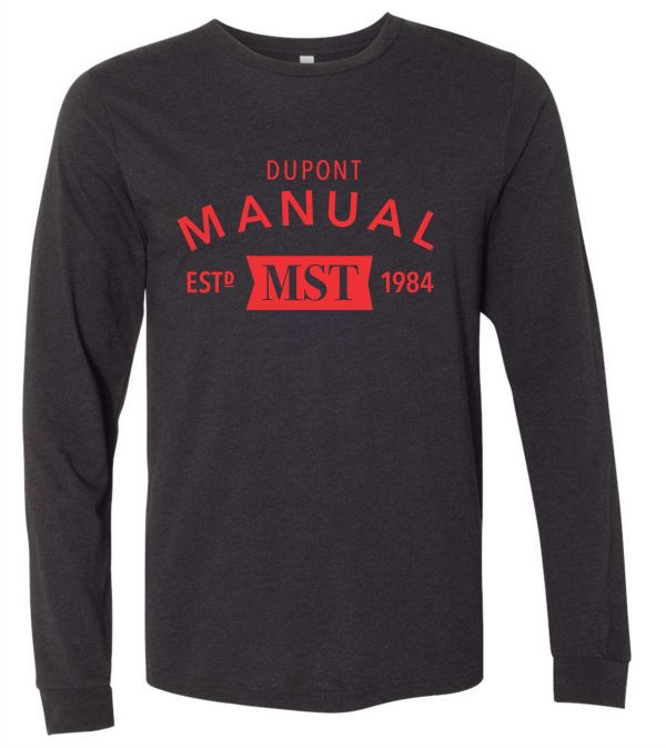 Black long sleeve shirt with red logo.