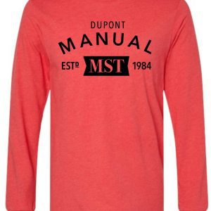 Red long-sleeve shirt with black text.