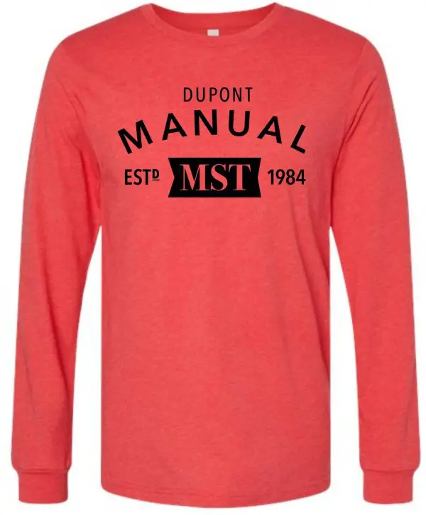 Red long-sleeve shirt with black text.