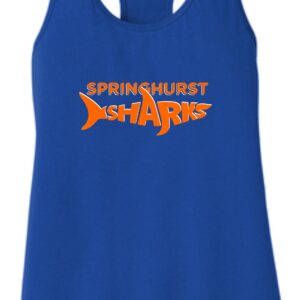 Blue tank top with orange Springhurst Sharks logo.