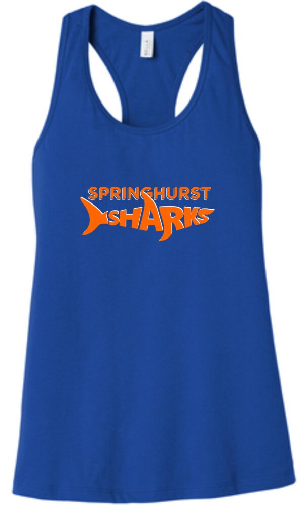 Blue tank top with orange Springhurst Sharks logo.