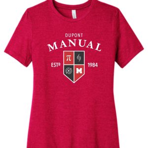 Red shirt with DuPont Manual logo.