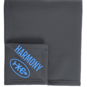 A folded dark gray Harmony XC Embroidered Fleece stadium blanket BP60 with the logo "harmony" and a symbol featuring a fork and knife enclosed in an oval.