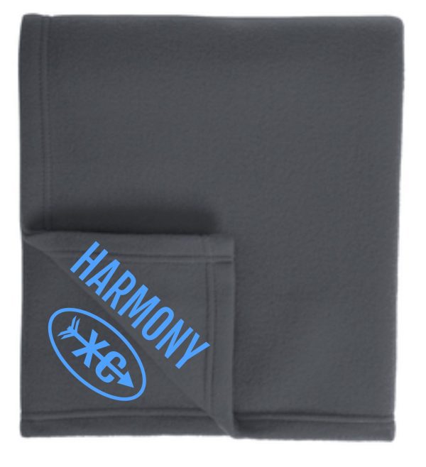 A folded dark gray Harmony XC Embroidered Fleece stadium blanket BP60 with the logo "harmony" and a symbol featuring a fork and knife enclosed in an oval.