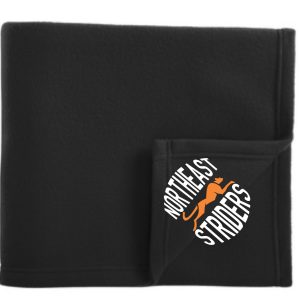 Black fleece blanket with Northeast Striders logo.