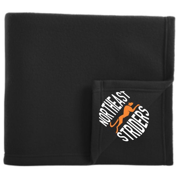 Black fleece blanket with Northeast Striders logo.