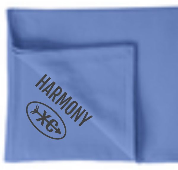 Blue square fabric with a folded corner, featuring the Harmony XC Embroidered Fleece stadium blanket BP78 logo with an oval and leaf motif in gray.