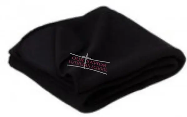 A black OSLS Embroidered Fleece stadium blanket BP80 folded neatly with the logo "our savior lutheran school" in white and red text on the corner.