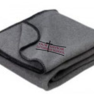 A folded OSLS Embroidered Fleece stadium blanket with the red logo "our savior lutheran school" printed in the corner.