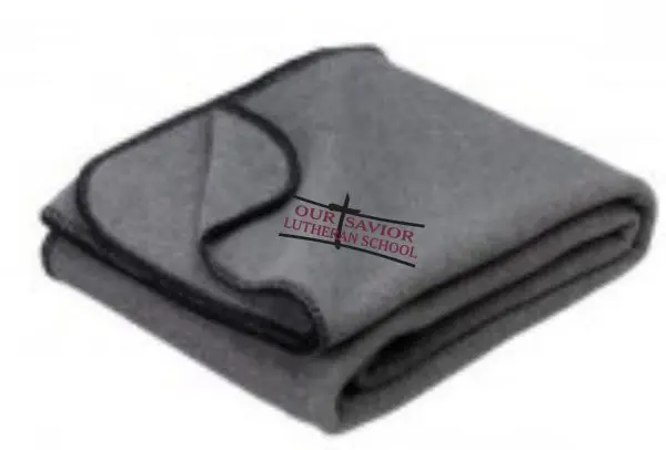 A folded OSLS Embroidered Fleece stadium blanket with the red logo "our savior lutheran school" printed in the corner.