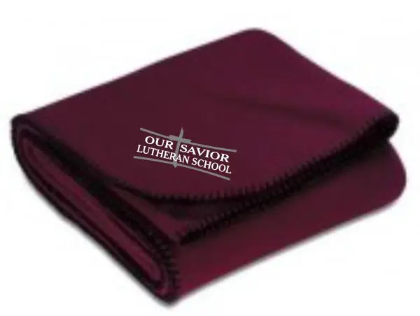 A folded OSLS Embroidered Fleece stadium blanket BP80 with the logo "our savior lutheran school" in white text.