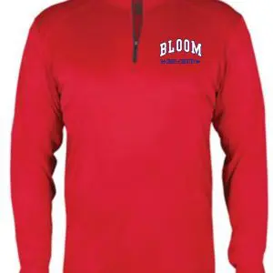 Red long-sleeve shirt with "Bloom" logo.