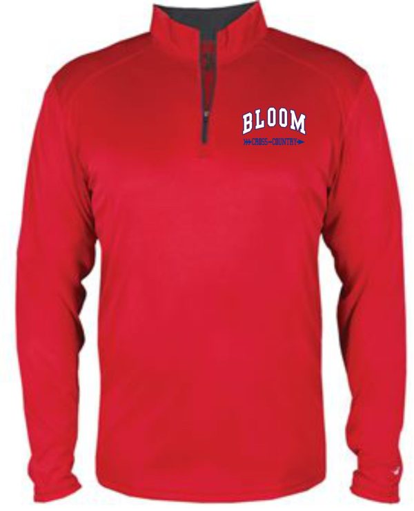 Red long-sleeve shirt with "Bloom" logo.