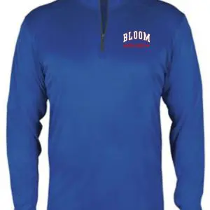 Blue long-sleeved shirt with Bloom logo.