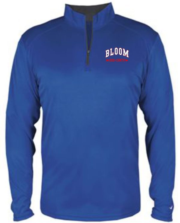 Blue long-sleeved shirt with Bloom logo.