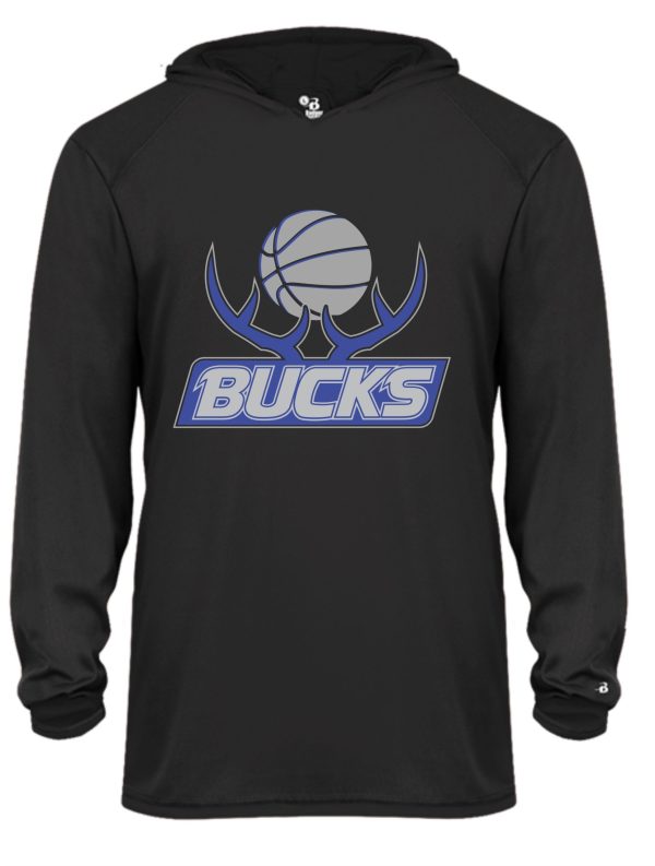 Black hoodie with a Bucks Basketball Youth Moisture wicking Hoodie Badger 2105 logo featuring a stylized basketball and antlers on the front.