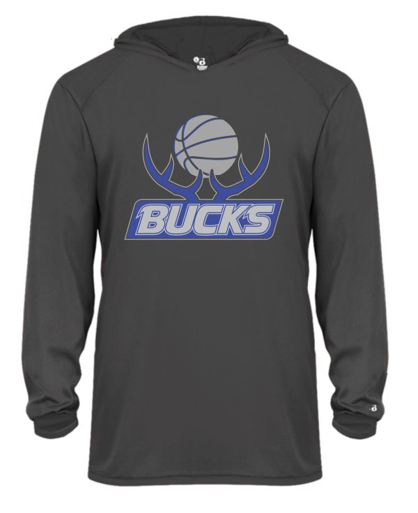 Sentence with Product Name: A black Bucks Basketball Youth Moisture wicking Hoodie Badger 2105 with a graphic of a basketball and antlers, and the word "bucks" in blue lettering.