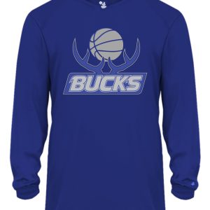 Blue hooded sweatshirt featuring the Bucks Basketball logo with a basketball and antler design.
