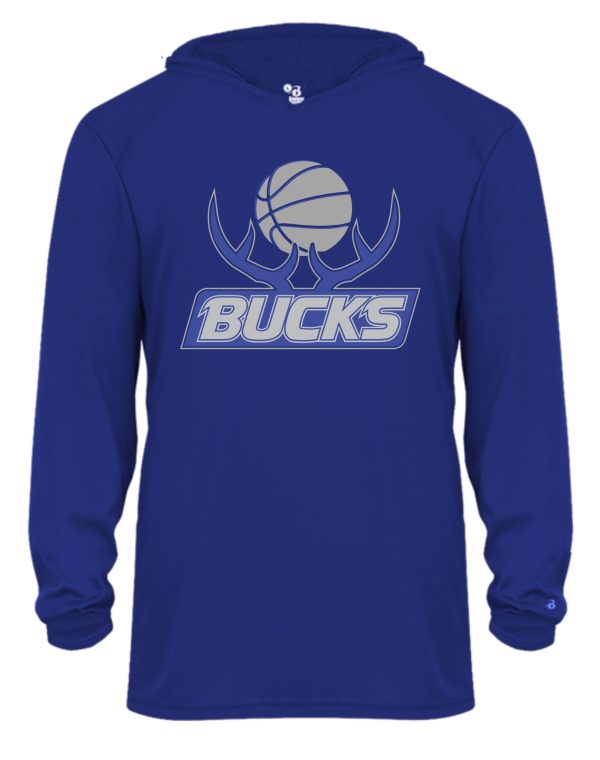 Blue hooded sweatshirt featuring the Bucks Basketball logo with a basketball and antler design.