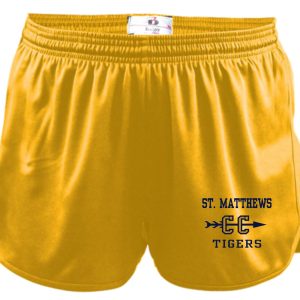 St Matthews Elementary Gold Cross Country shorts with elastic waistband featuring "st. matthews cc tigers" logo on the left leg.