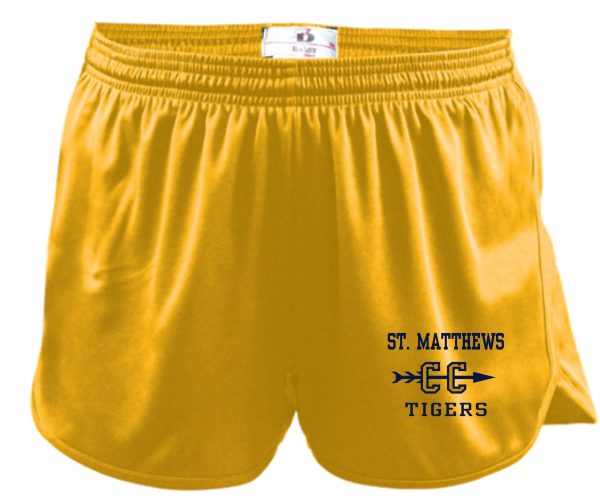 St Matthews Elementary Gold Cross Country shorts with elastic waistband featuring "st. matthews cc tigers" logo on the left leg.