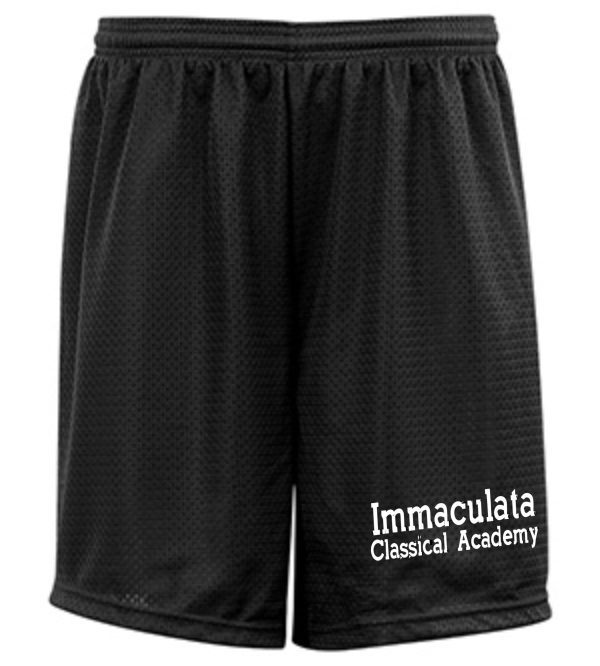 Black Immaculata Badger Tricot open mesh 7 inch shorts 7207 with the text "immaculata classical academy" printed near the bottom.