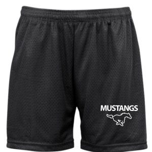 SMMSS Badger 5 inch LADIES Black tricot mesh shorts with a white "mustangs" logo and a horse emblem on the left leg.