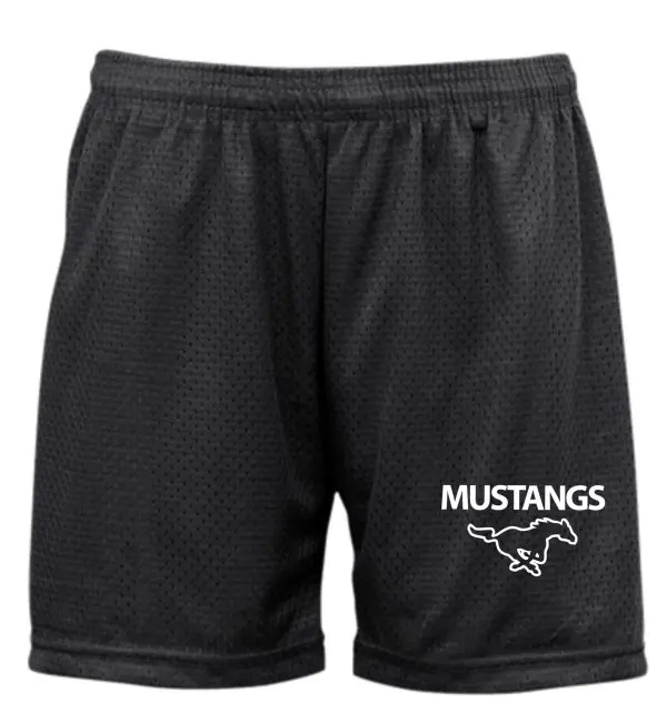 SMMSS Badger 5 inch LADIES Black tricot mesh shorts with a white "mustangs" logo and a horse emblem on the left leg.