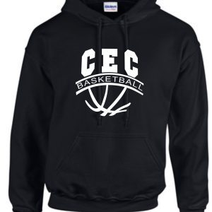 CEC Girls Basketball Ball design Black Hooded sweatshirt G185 with "cec basketball" printed in white along with a graphic of a basketball and hoop.