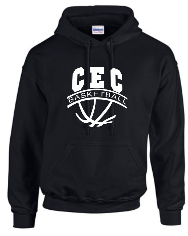 CEC Girls Basketball Ball design Black Hooded sweatshirt G185 with "cec basketball" printed in white along with a graphic of a basketball and hoop.