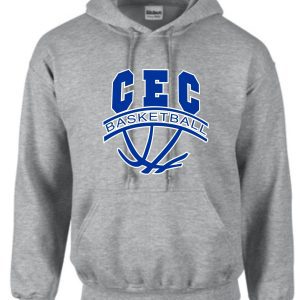 CEC Girls Basketball Ball design Gray Hooded sweatshirt G185 with "cec basketball" and a basketball logo in blue and white on the front.