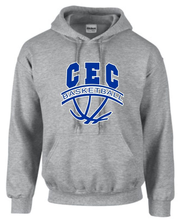 CEC Girls Basketball Ball design Gray Hooded sweatshirt G185 with "cec basketball" and a basketball logo in blue and white on the front.