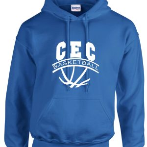 CEC Girls Basketball Ball design Royal Hooded sweatshirt G185 with "cec basketball" printed in white on the front, featuring a graphic of a basketball swooshing through a hoop.