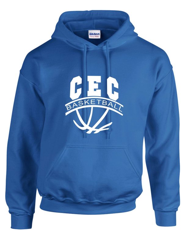 CEC Girls Basketball Ball design Royal Hooded sweatshirt G185 with "cec basketball" printed in white on the front, featuring a graphic of a basketball swooshing through a hoop.