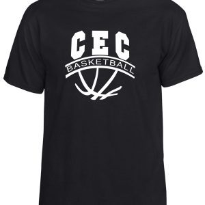 CEC Girls Basketball Ball design Black G8000 t-shirt with white "cec basketball" text and basketball graphic on the front.