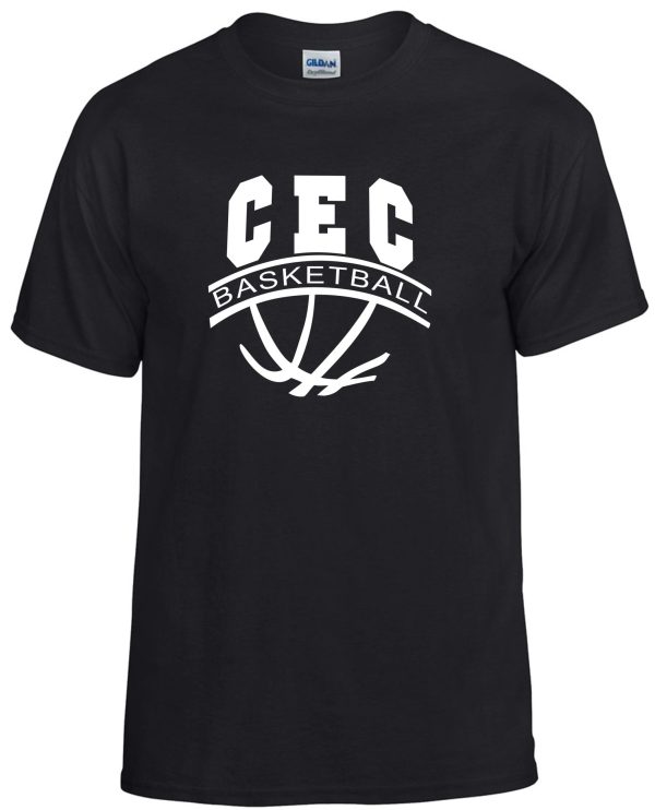 CEC Girls Basketball Ball design Black G8000 t-shirt with white "cec basketball" text and basketball graphic on the front.