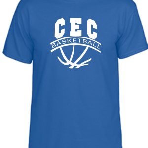 CEC Girls Basketball Ball design royal G8000 t-shirt with "cec basketball" printed in white block letters above a stylized basketball graphic.