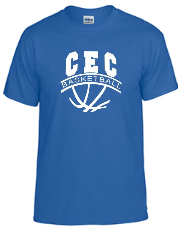 CEC Girls Basketball Ball design royal G8000 t-shirt with "cec basketball" printed in white block letters above a stylized basketball graphic.