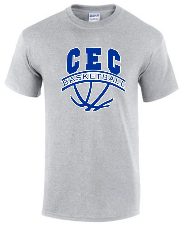 CEC Girls Basketball Ball design Sport Gray G8000 t-shirt featuring a blue "cec basketball" logo with a basketball design below the text.