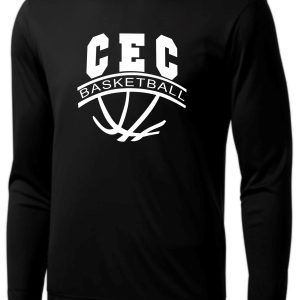 CEC Girls Basketball Ball design Black moisture wick ST350LS long-sleeve t-shirt with white "cec basketball" text and a basketball graphic on the front.