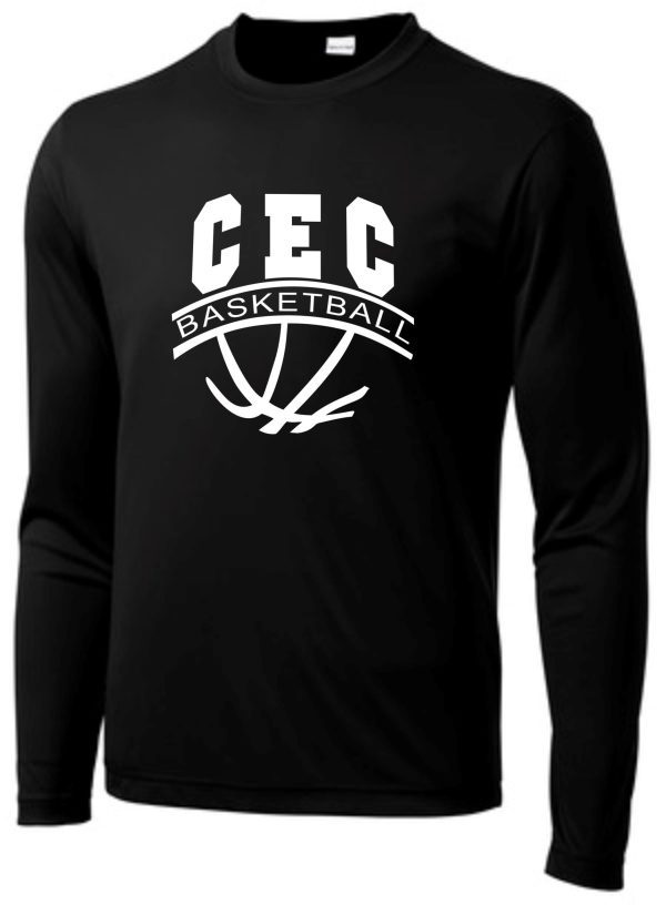 CEC Girls Basketball Ball design Black moisture wick ST350LS long-sleeve t-shirt with white "cec basketball" text and a basketball graphic on the front.