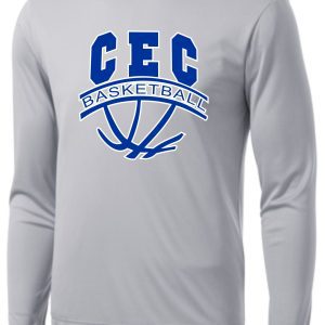 Long-sleeve CEC Girls Basketball Ball design Gray moisture wick ST350LS featuring a "cec basketball" logo with a basketball graphic in blue and white.