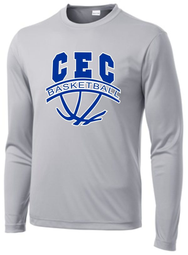 Long-sleeve CEC Girls Basketball Ball design Gray moisture wick ST350LS featuring a "cec basketball" logo with a basketball graphic in blue and white.