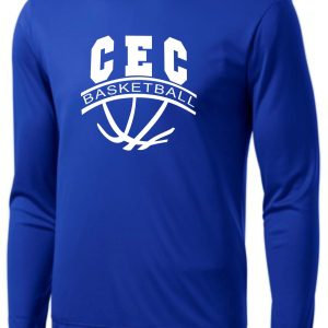 A CEC Girls Basketball Ball design Royal moisture wick ST350LS long-sleeve shirt with white "cec basketball" logo featuring a basketball graphic.