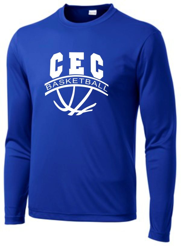 A CEC Girls Basketball Ball design Royal moisture wick ST350LS long-sleeve shirt with white "cec basketball" logo featuring a basketball graphic.